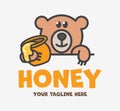 Cute bear holds a jar of honey. Funny healing honey logo. Design for print, emblem, t-shirt, party decoration, sticker, logotype