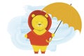Cute bear in a hood stands with an umbrella - cartoon character vector illustration
