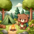 A cute bear kid at a camping in deciduous forest, with beautiful nature view, camping tent, flower, campfire, cartoon, t-shirt Royalty Free Stock Photo