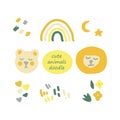 Cute bear and lion, boho rainbow, hearts and dashes doodle elements set in trending color 2021. hand drawn minimalism simple. icon