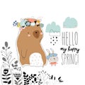 Cute bear with little bunny staying in spring plants