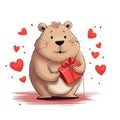 Cute Bear in love with red present box and hearts around. Valentines day postcard design Royalty Free Stock Photo