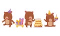 Cute Bear Male Animal Celebrating Birthday Vector Illustrations Set