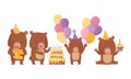 Cute Bear Male Animal Celebrating Birthday Vector Illustrations Set