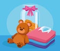 Cute bear, money box and stack of men shirts, colorful design