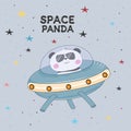 Cute bear panda astronaut in a mysterious object ufo in the sky night. Royalty Free Stock Photo