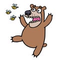 Cute bear in panic. Angry bees. Vector illustration.