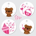 Cute bear, pink cupcake, and love key cartoon illustration Royalty Free Stock Photo