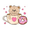 Cute bear with pink donut, cartoon hand drawn vector illustration. Can be used for t-shirt print, kids wear fashion