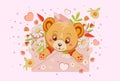 painted cartoon cute bear in pink envelope with flowers and hearts. Isolated greeting design elemen Royalty Free Stock Photo