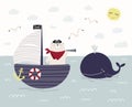 Cute bear pirate on a ship, sailboat, whale, gulls Royalty Free Stock Photo