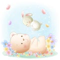 Cute Bear playing with little rabbit illustration for baby shower, decorations, invitations, greeting card