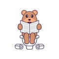 Cute bear Pooping On Toilet and read newspaper. Animal cartoon concept isolated. Can used for t-shirt, greeting card, invitation