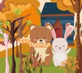 Cute bear and rabbit cottage forest hello autumn