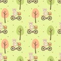 Cute bear ride bicycle in the forest