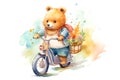 Cute bear ride a bike in watercolor illustration, concept of active lifestyle