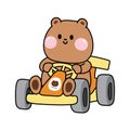 Cute bear ride gokart car cartoon on white background.Wild animal character