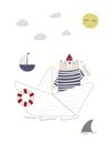 Cute bear sailor on a paper boat, shark, sailboat