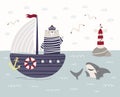 Cute bear sailor on a sailboat, shark, lighthouse