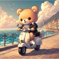 A cute bear with scooter on a street behind a sea, in vintage art, cottages, clouds, digital anime art, dynamic pose
