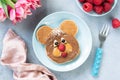 Cute bear shape pancake with nut butter for kids Royalty Free Stock Photo