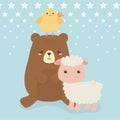 Cute bear and sheep with chick animals farm characters