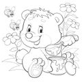 Cute bear sits among flowers and eats honey with a big spoon from a large barrel, bees fly to it, outline drawing