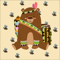 Cute bear sitting with a barrel of honey vector illustration for your greeting card.