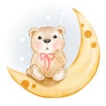 Cute bear sitting on a moon watercolor illustration