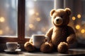 a cute bear sitting next to hot coffee mug on wooden table near window autumn leafs weather background Royalty Free Stock Photo