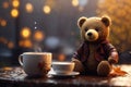 a cute bear sitting next to hot coffee mug on wooden table near window autumn leafs weather background Royalty Free Stock Photo