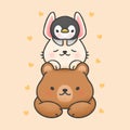 Cute bear and sleeping rabbit on top of penguin cartoon hand drawn style