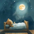 A cute bear sleeps in bed, children\'s book illustration. Restful sleep. Baby Teddy sleeps. Good night Royalty Free Stock Photo