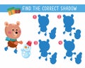 Cute bear and snowman. Find the right shadow. Game for children. Activity, color vector illustration. Character in
