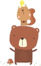 Cute bear and squirrel illustration with little bird