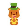 Cute bear St. Patricks Day leprechaun hat holds horseshoe. Irish holiday folklore theme. Cartoon design for cards, decor, shirt,