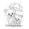 Cute bear standing under an umbrella in rainy weather for coloring