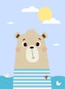 Cute bear in striped t-shirt vest at sea. Vector illustration. Animal summer poster for kids collection, postcards, design, print