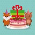 Cute bear teddy and fox with gift Royalty Free Stock Photo