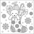 Cute bear teddy and gifts in sock coloring page Royalty Free Stock Photo