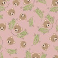 Cute bear teddy and leafs pattern background