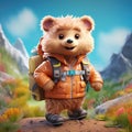 Cute bear tourist traveler in a coat with backpack smiles and stands among a wonderful landscape in nature against the