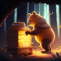 Cute Bear is trying to steal honey from a beehive digital art