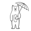 Cute bear with umbrella outline coloring page for kids. Doodle, sketch cartoon character of a bear.