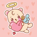 Cute bear vector cupid cartoon hug heart fly on sky pastel background Valentines day