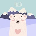 Cute Bear vector print, baby shower card. Polar teddy with hello write cartoon illustration, greeting card, kids cards