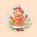 Cute bear. Watercolor illustration. Happy new year. Vintage design. Hand drawn toy. Funny cristmas sketch.