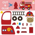 Cute bear wearing firefighter helmet driving fire truck with hydrant. Education paper game for children. Cutout and gluing. Vector Royalty Free Stock Photo