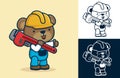 Cute bear wearing worker costume shouldering big wrench. Vector cartoon illustration in flat icon style Royalty Free Stock Photo
