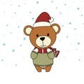 Cute Bear in winter headwear and Snow. Hello Winter, Happy New Year and Merry Christmas concept